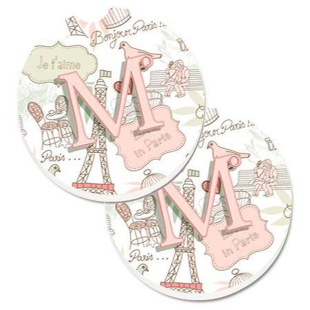 CAROLINES TREASURES Carolines Treasures CJ2002-MCARC Letter M Love in Paris Pink Set of 2 Cup Holder Car Coaster CJ2002-MCARC